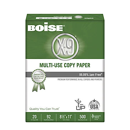 Boise® X-9® Multi-Use Print & Copy Paper, Letter Size (8 1/2" x 11"), 92 (U.S.) Brightness, 20 Lb, White, 500 Sheets Per Ream, Case Of 10 Reams, Pallet Of 40 Cases